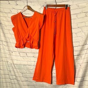 Fancyinn Orange Two-Piece Crop Ruffle Top & Pants Set Size Medium